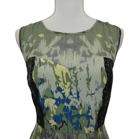 Vessel by Timo  Flowy 100% Silk Green Abstract Print Lace Inset Dress Size 12 - Picture 2 of 12